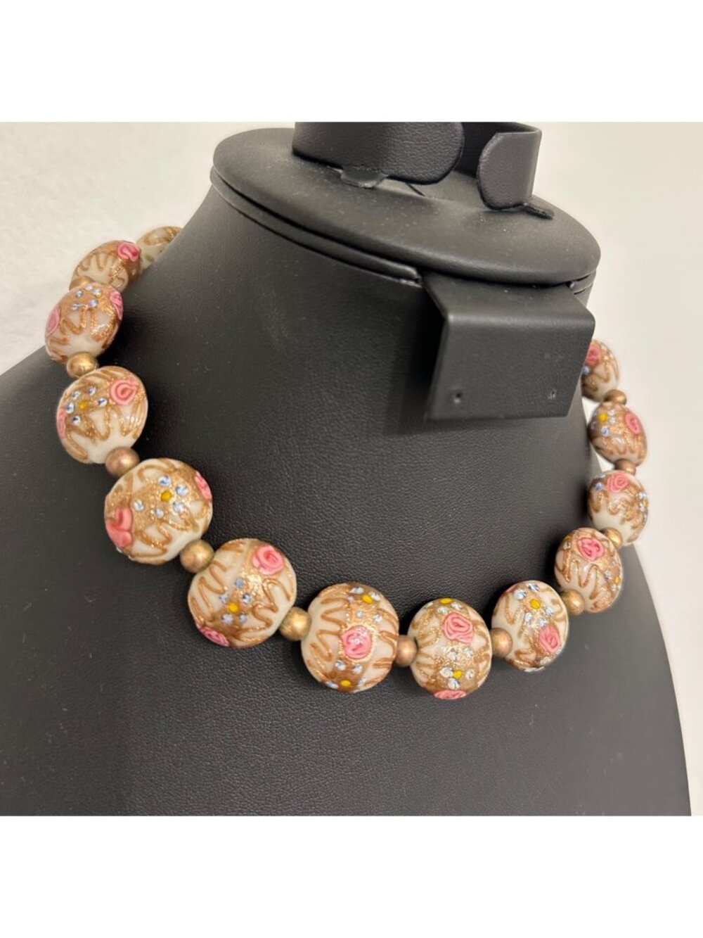 Venetian Murano Wedding Cake Glass Bead Necklace White Pink Flowers Antique Vtg